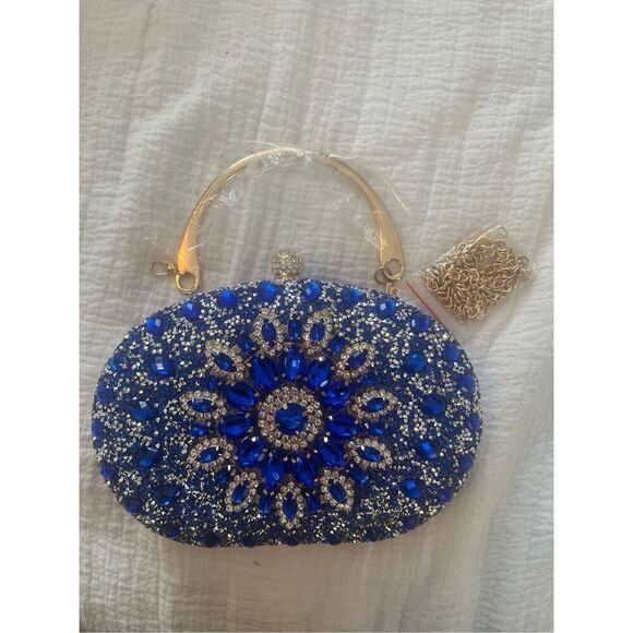 Ramla handmade Sparkling Blue Simulate Diamond Womens Clutch Handbag with strap - Picture 3 of 11